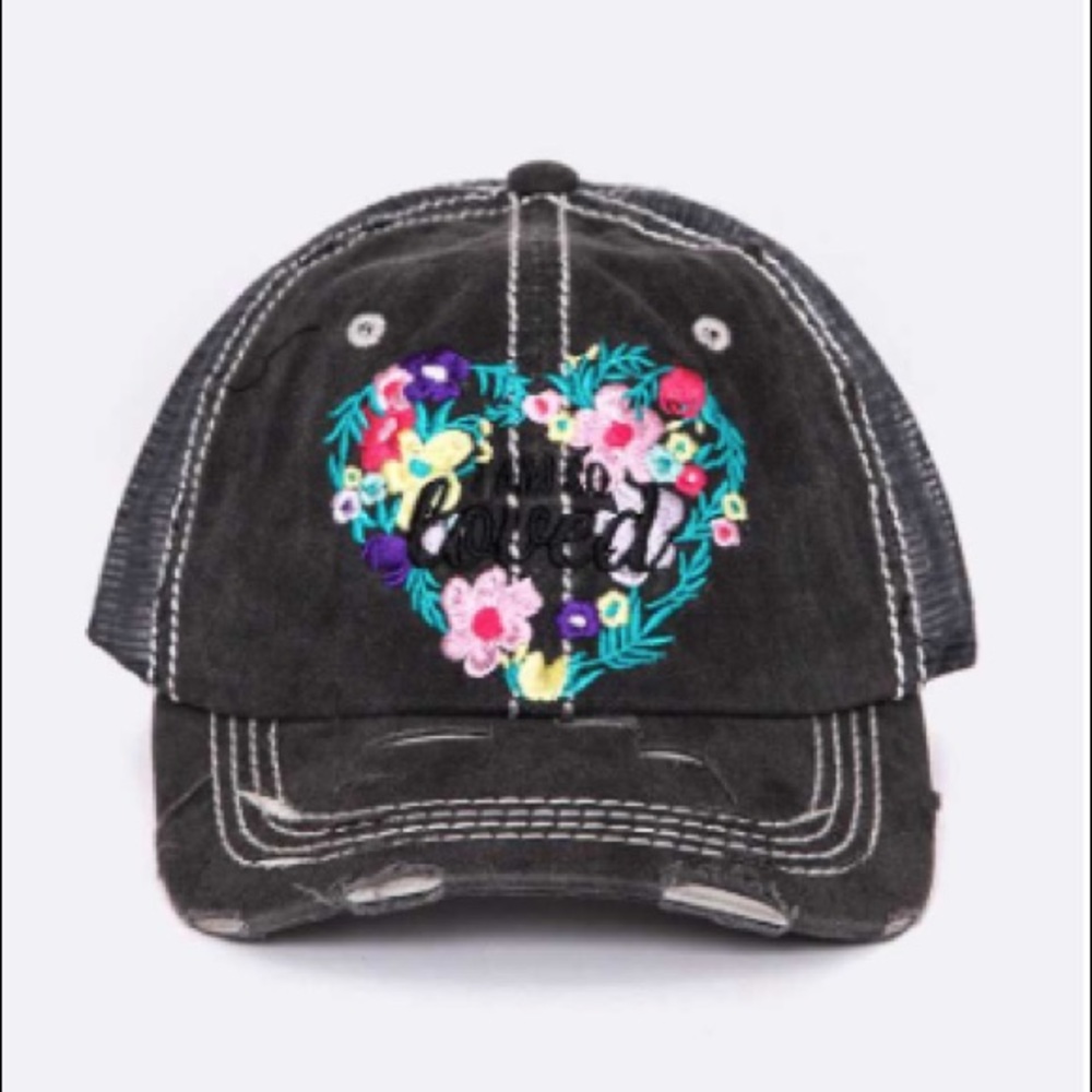 I Am So Loved Floral Heart Embroidered Trucker Hat